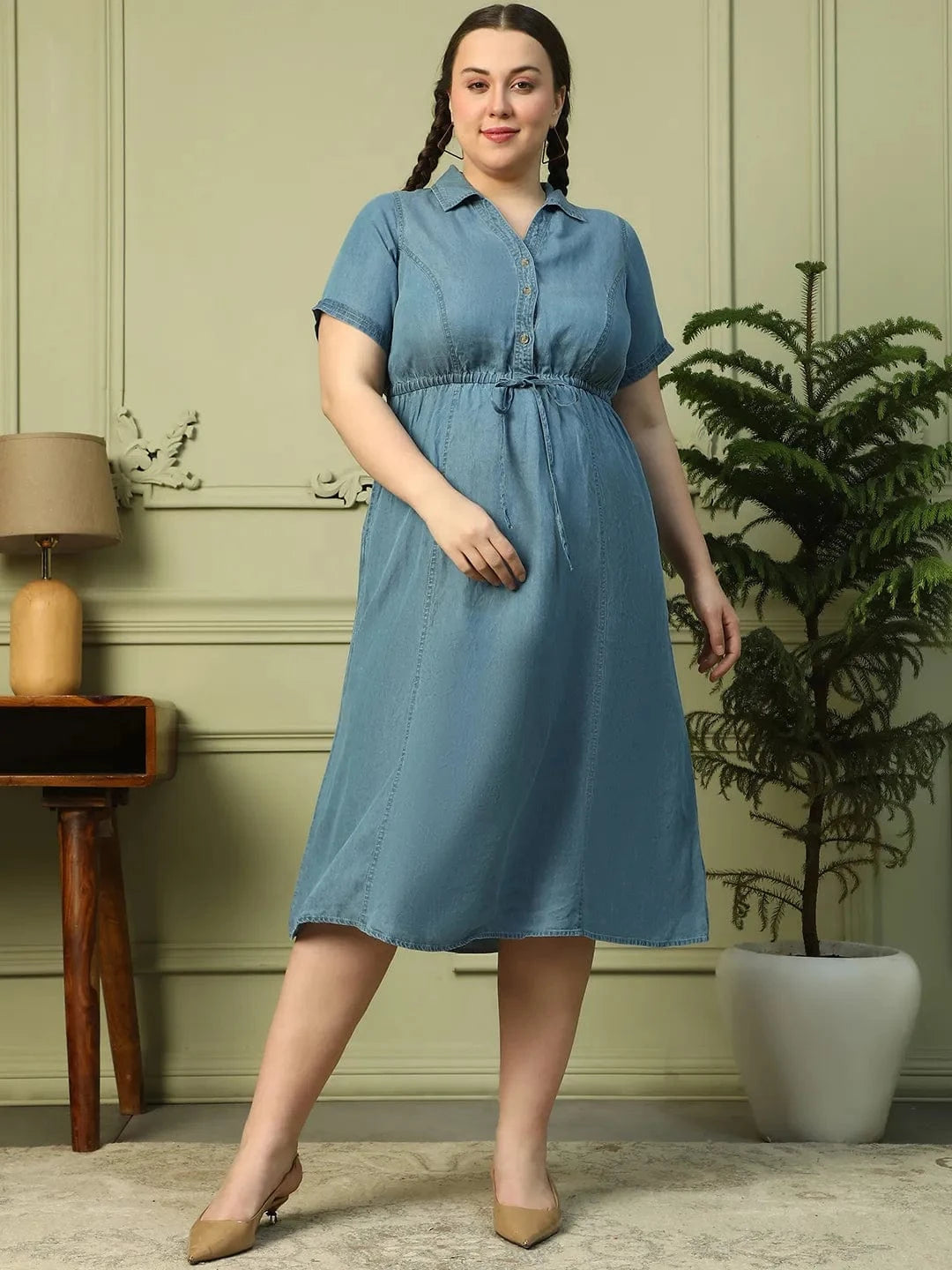 Touchy Light Blue Collared Button Down Short Sleeve Elasticated Tie-Up Belt Long Denim Plus Size Women Cotton Dress