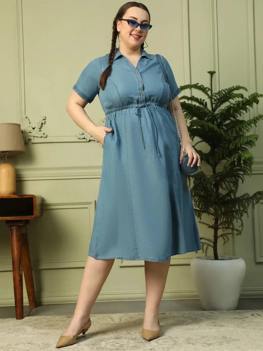 Touchy Light Blue Collared Button Down Short Sleeve Elasticated Tie-Up Belt Long Denim Plus Size Women Cotton Dress