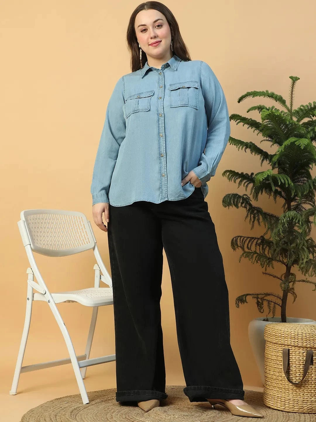 Quick Light Blue Collared Neck With Button Down Long Sleeve Plus Size Women Cotton Denim Shirt