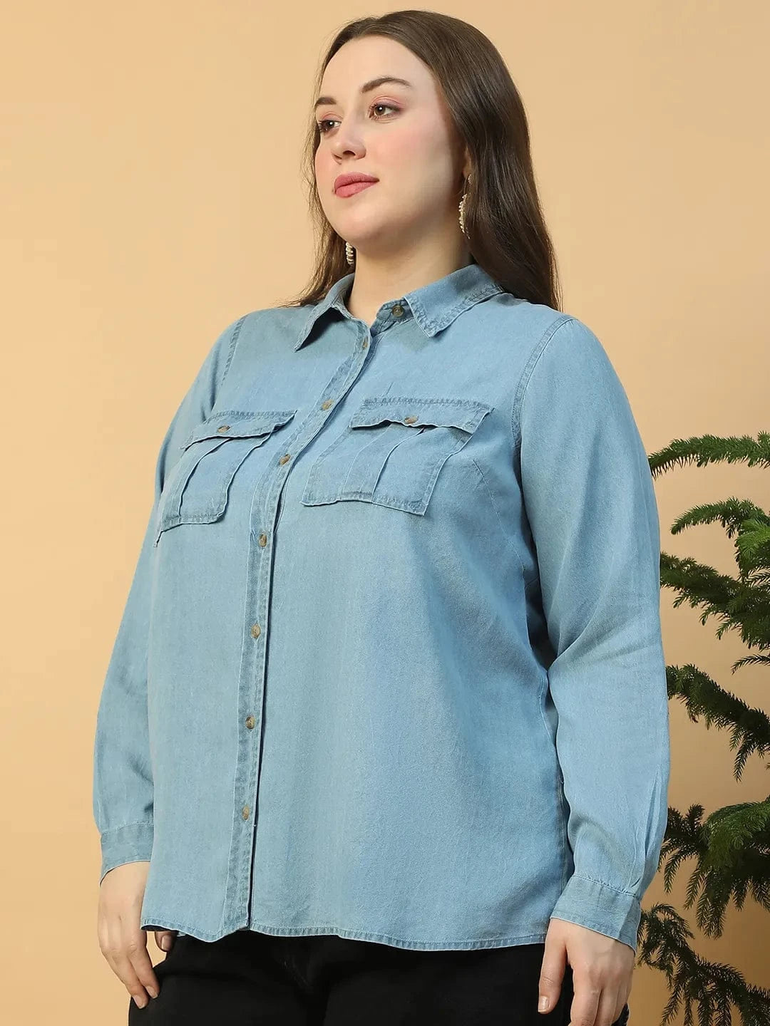 Quick Light Blue Collared Neck With Button Down Long Sleeve Plus Size Women Cotton Denim Shirt