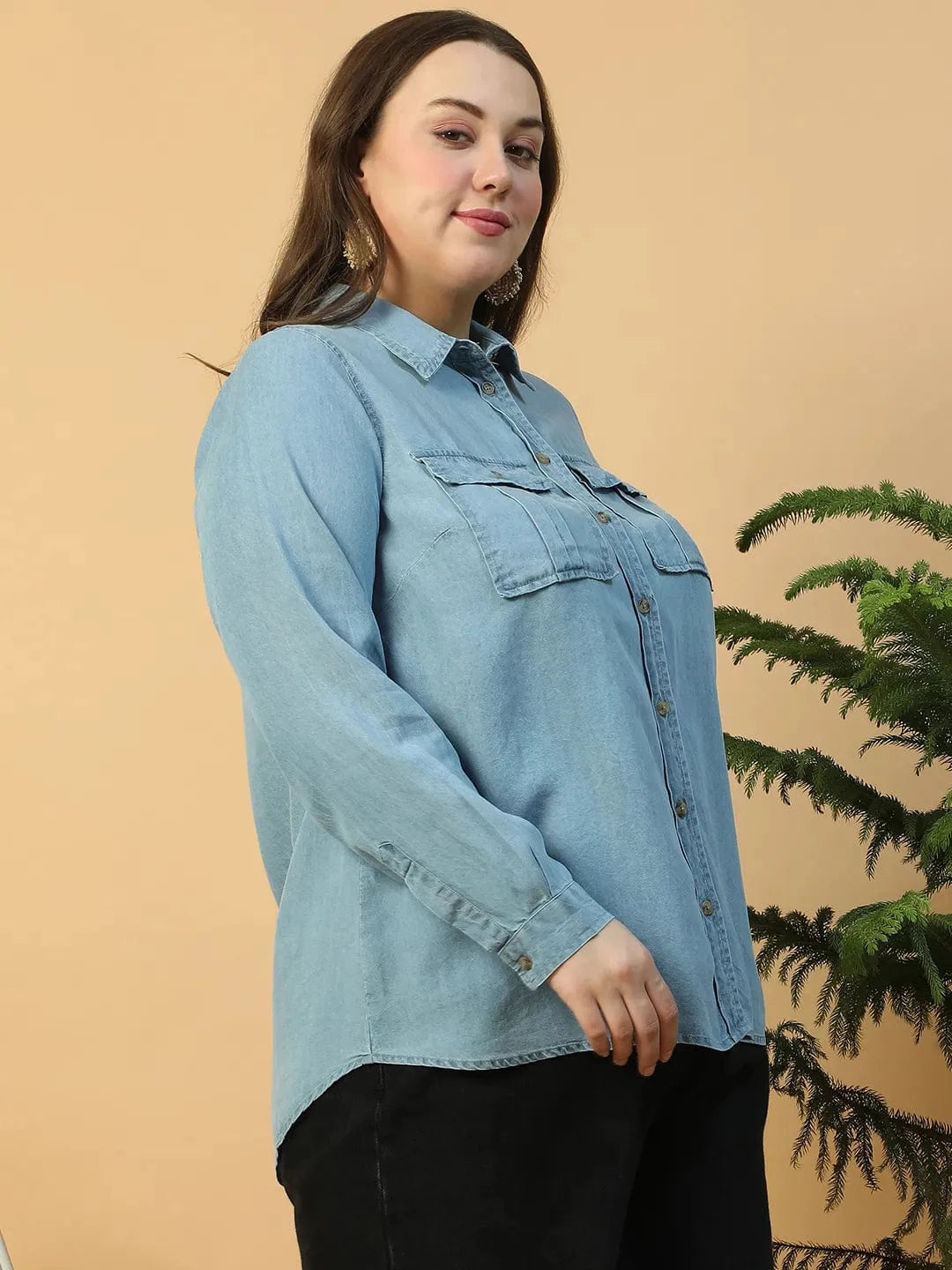 Quick Light Blue Collared Neck With Button Down Long Sleeve Plus Size Women Cotton Denim Shirt