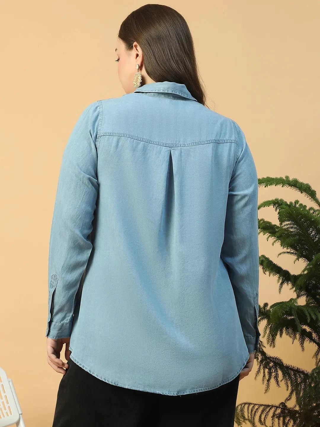 Quick Light Blue Collared Neck With Button Down Long Sleeve Plus Size Women Cotton Denim Shirt