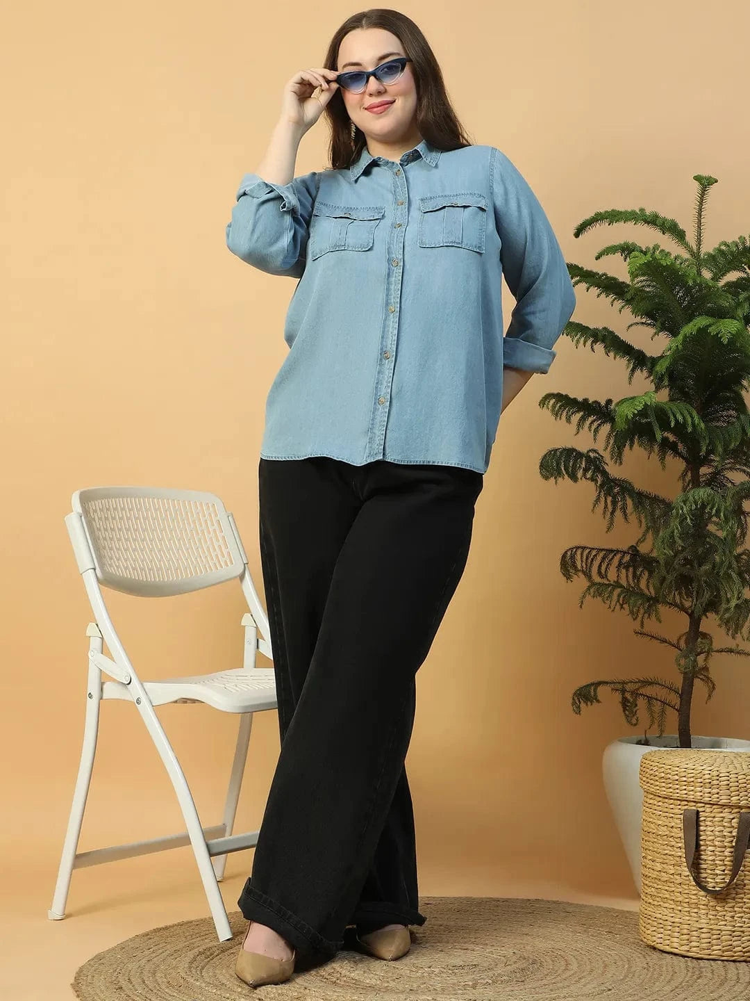Quick Light Blue Collared Neck With Button Down Long Sleeve Plus Size Women Cotton Denim Shirt