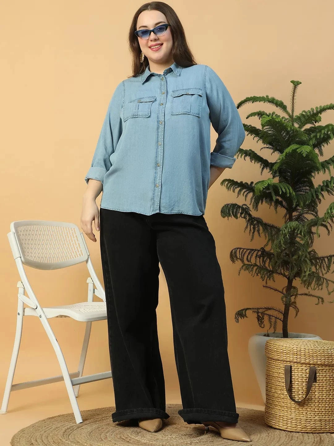Quick Light Blue Collared Neck With Button Down Long Sleeve Plus Size Women Cotton Denim Shirt