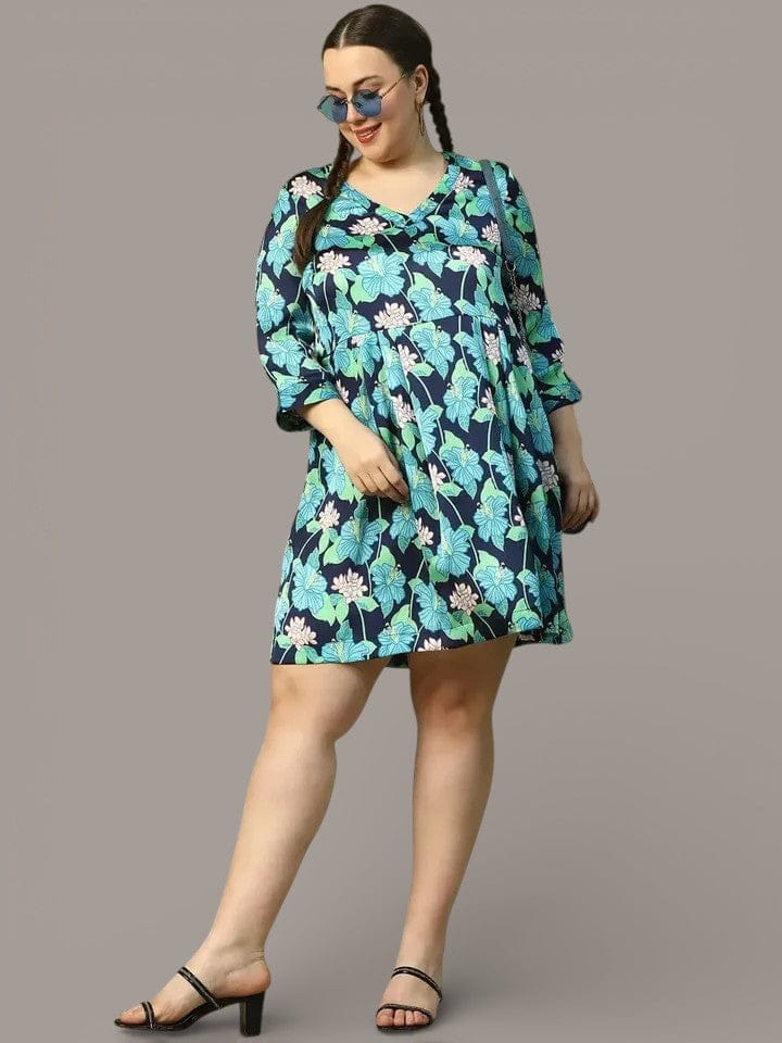 Plus Size Multicolor Floral Print V-Neck Long Sleeve Knee Length Dress