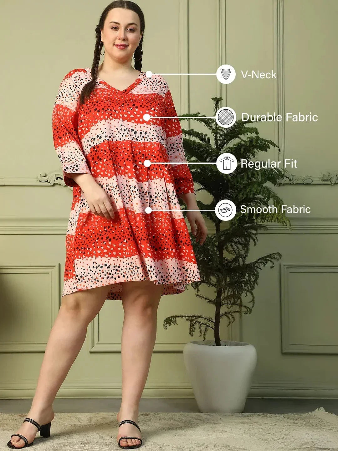 Savvy Red Printed V-Neck Long Sleeve Plus Size Women Dress - oxolloxo