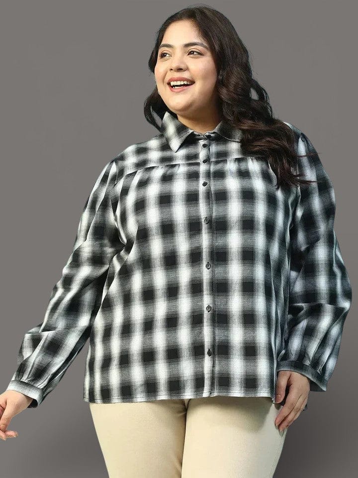 Dusky Black Yarn-Dyed Check Print Collared Long Sleeve Button Down Plus Size Women Cotton Shirt