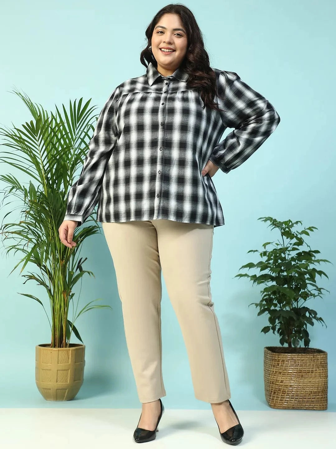 Dusky Black Yarn-Dyed Check Print Collared Long Sleeve Button Down Plus Size Women Cotton Shirt