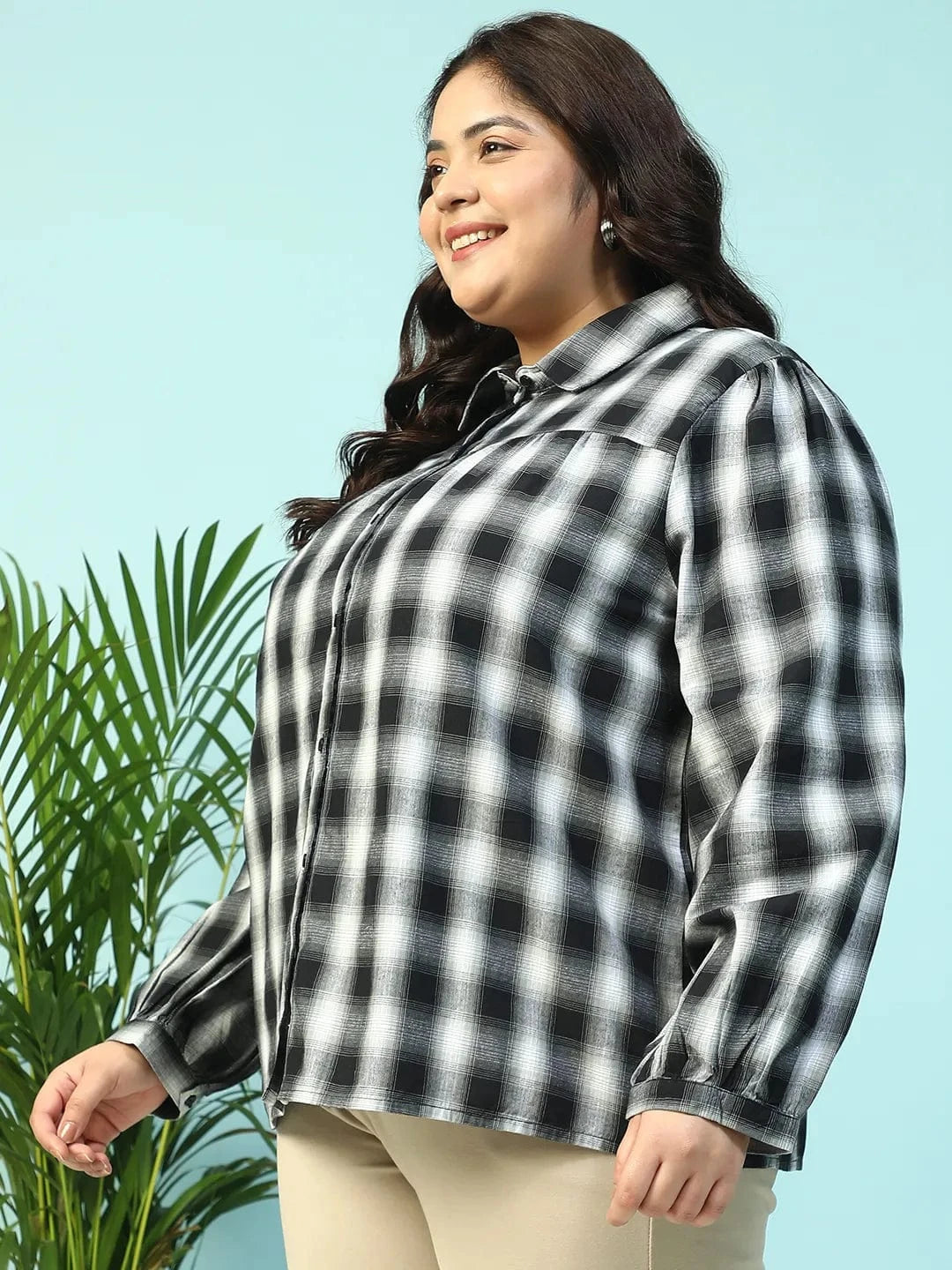 Dusky Black Yarn-Dyed Check Print Collared Long Sleeve Button Down Plus Size Women Cotton Shirt