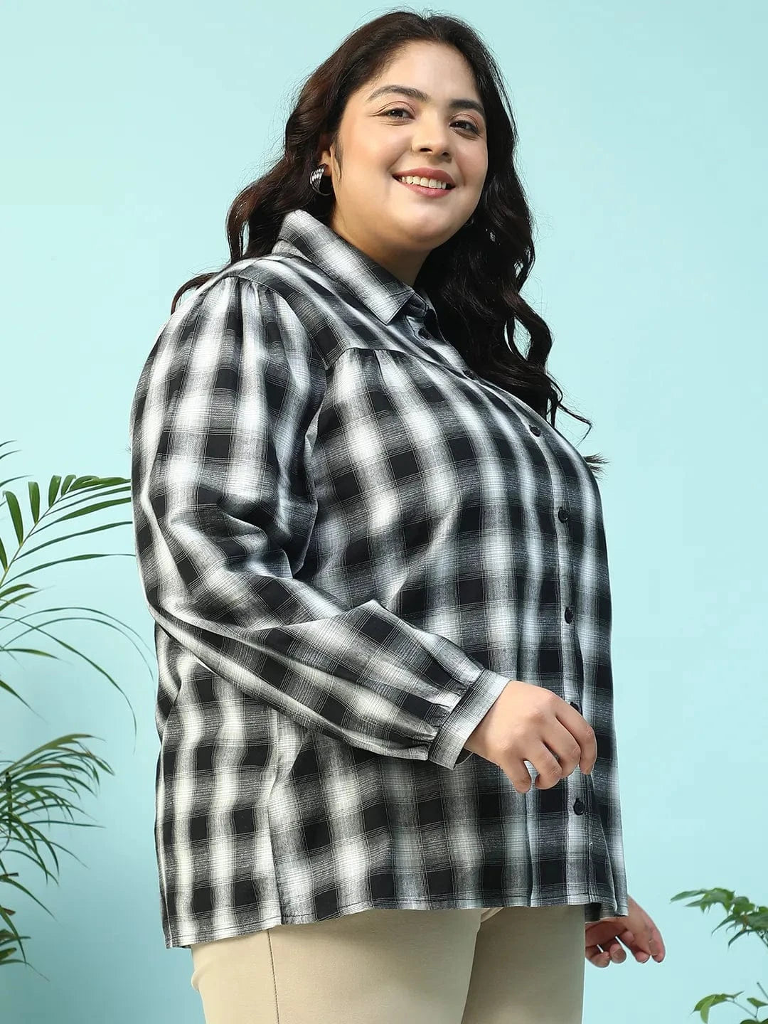 Dusky Black Yarn-Dyed Check Print Collared Long Sleeve Button Down Plus Size Women Cotton Shirt