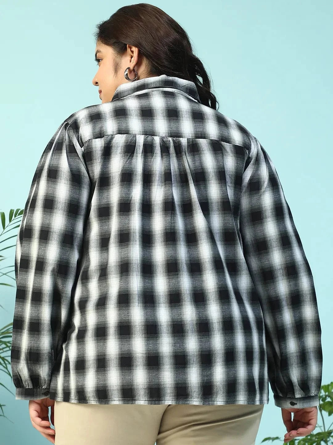 Dusky Black Yarn-Dyed Check Print Collared Long Sleeve Button Down Plus Size Women Cotton Shirt