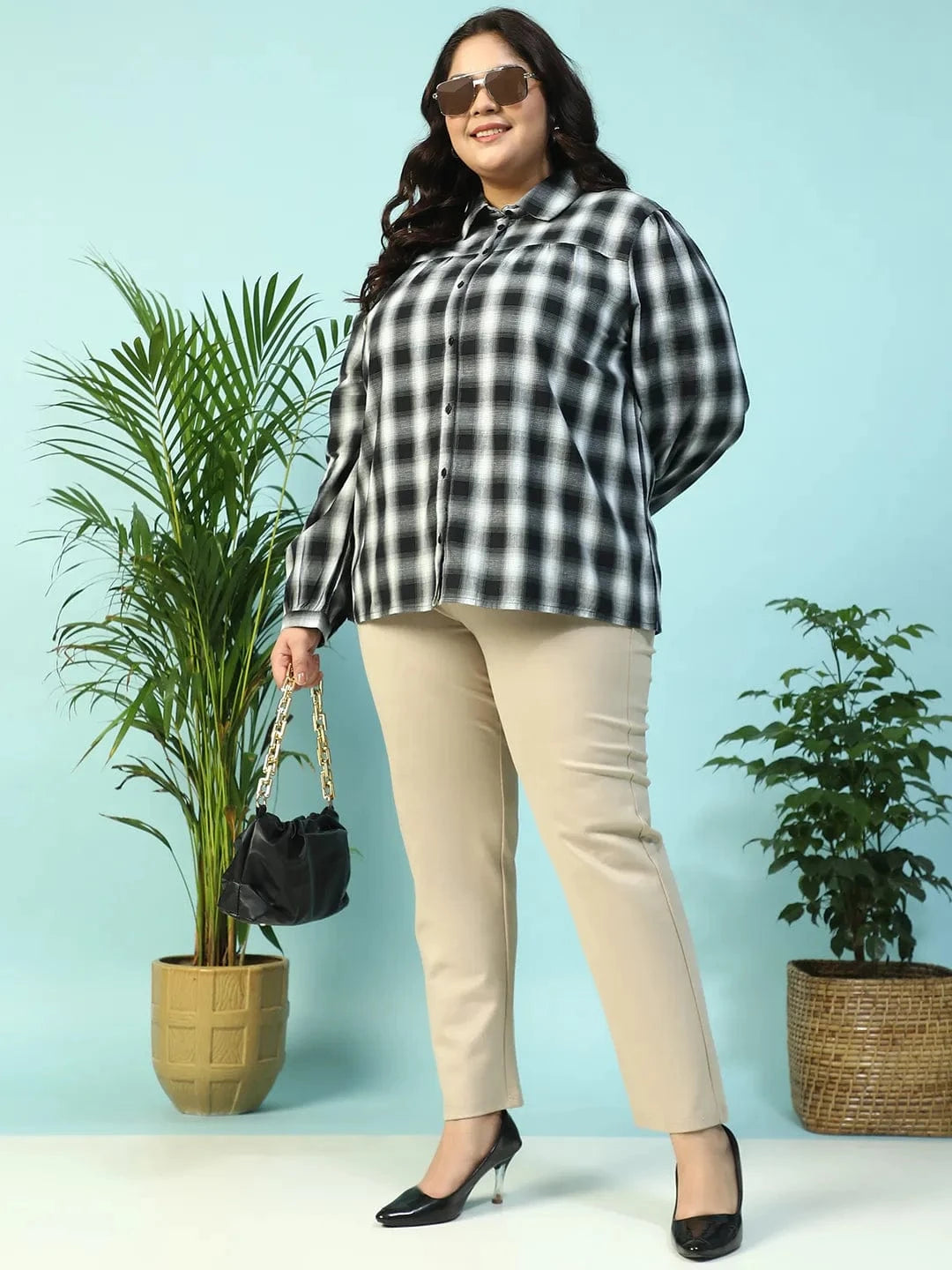 Dusky Black Yarn-Dyed Check Print Collared Long Sleeve Button Down Plus Size Women Cotton Shirt