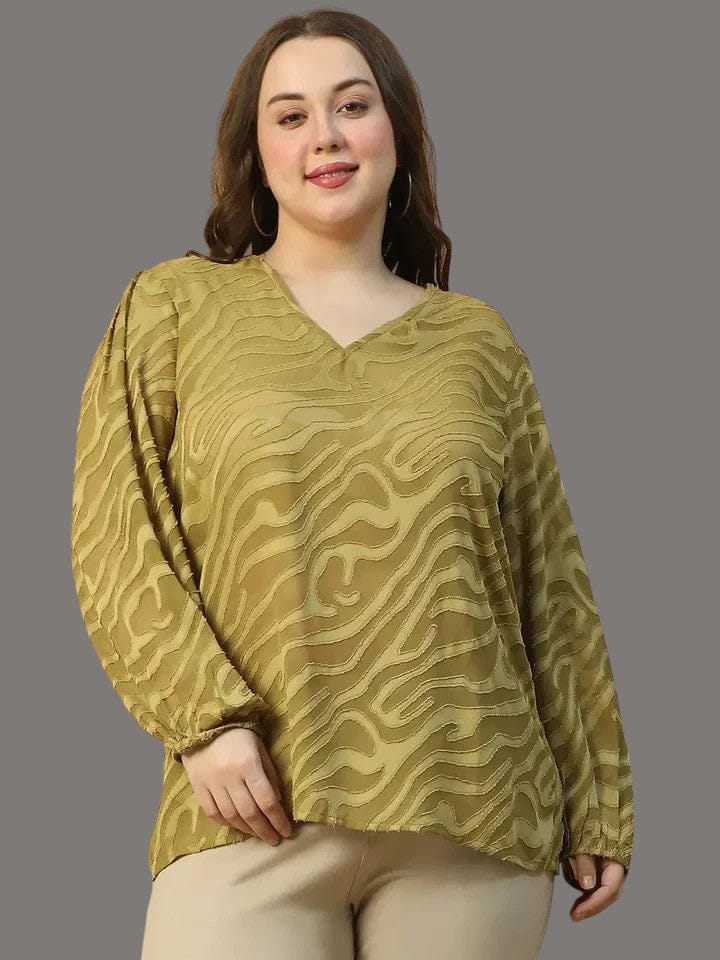 Plus Size Women Top - Green Long Sleeve Dobby Texture Blouse With V Neckline