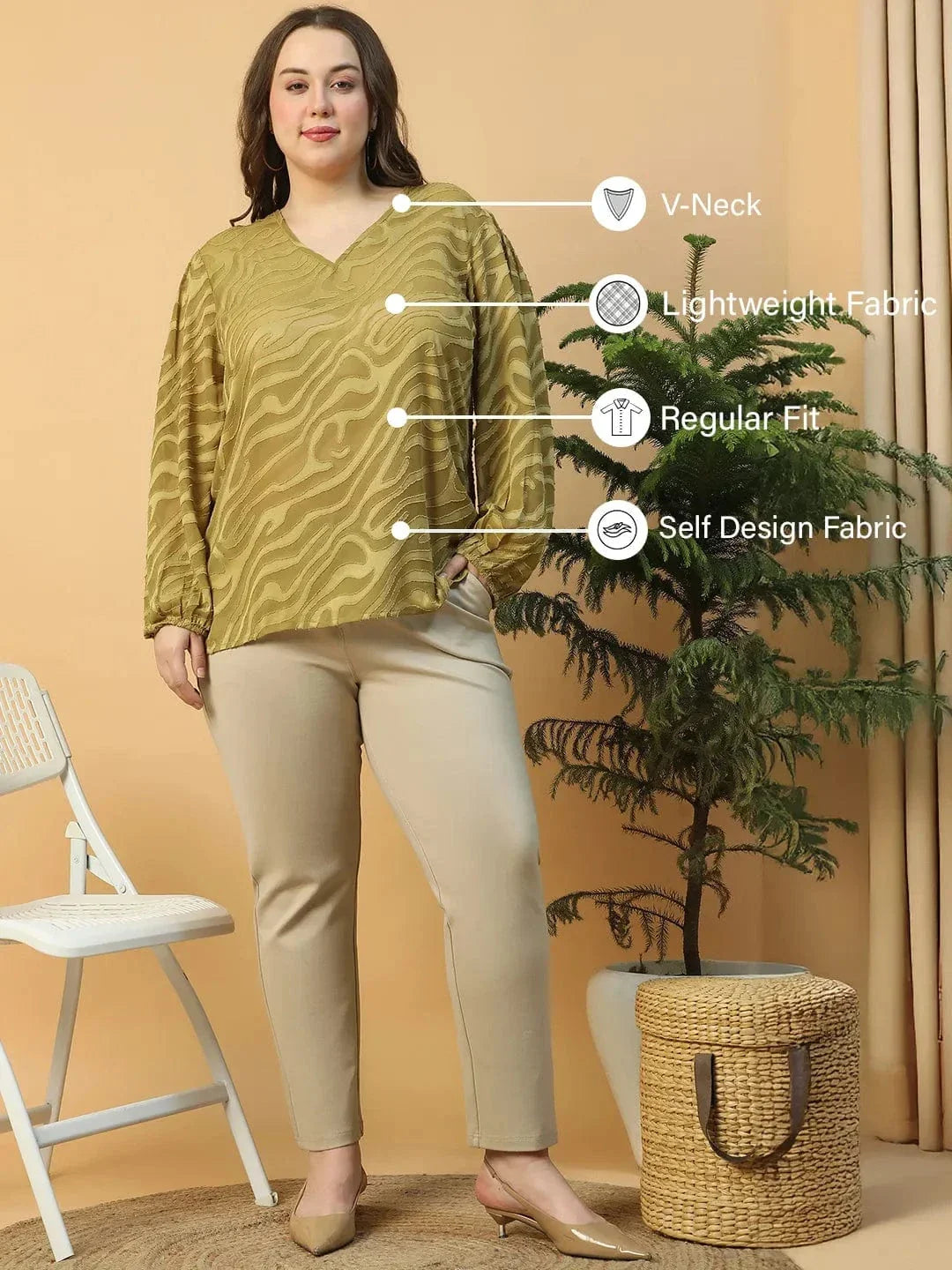 Exclusive Green Long Sleeve Dobby Meld Plus Size Women Top - oxolloxo