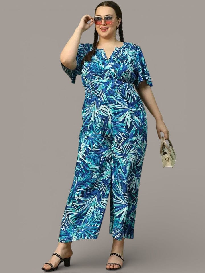 Leading  Blue Floral Print Short Sleeve Elasticated Plus Size Women Jumpsuit