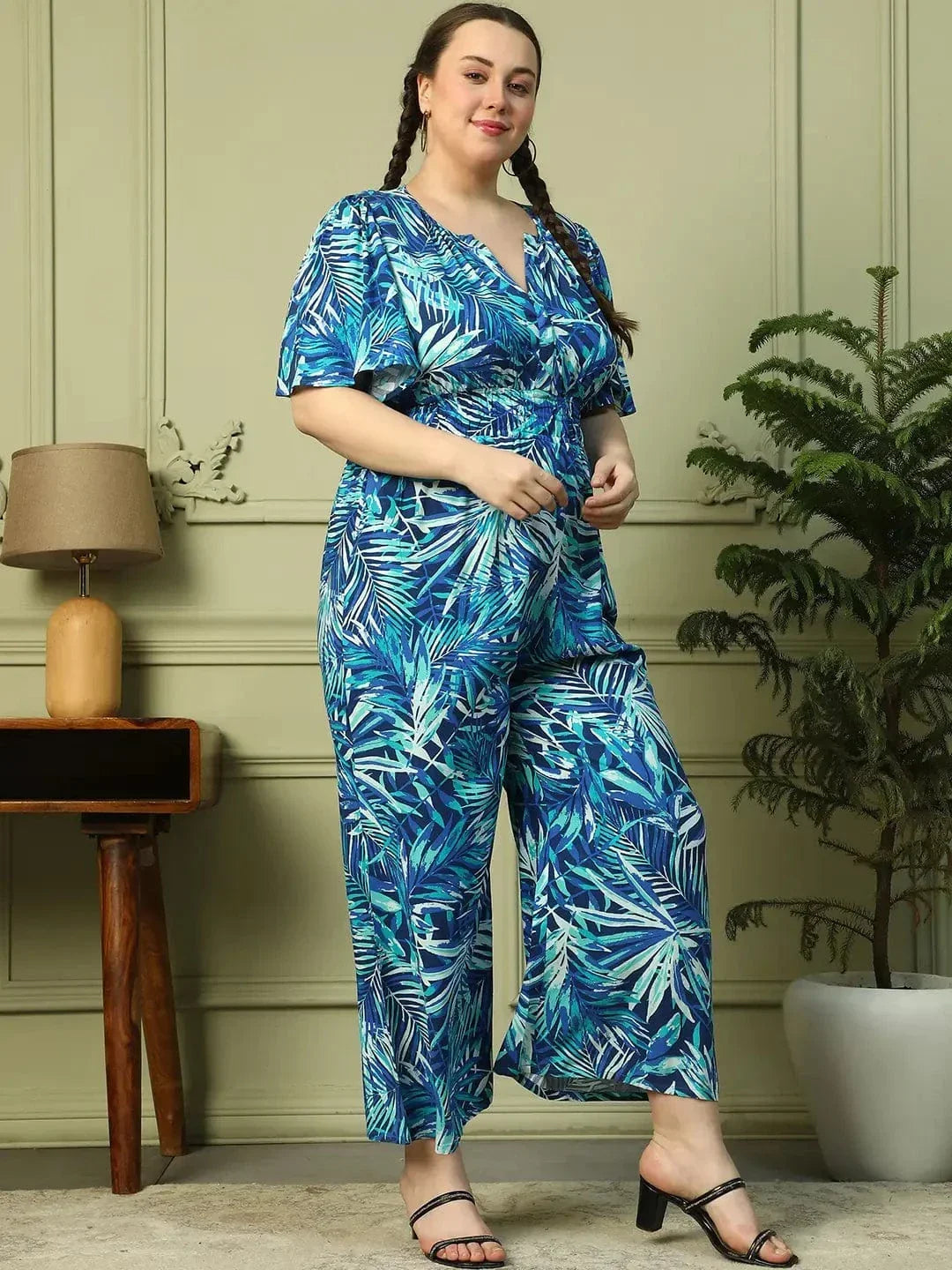 Leading Blue Floral Print Short Sleeve Elasticated Plus Size Women Jumpsuit