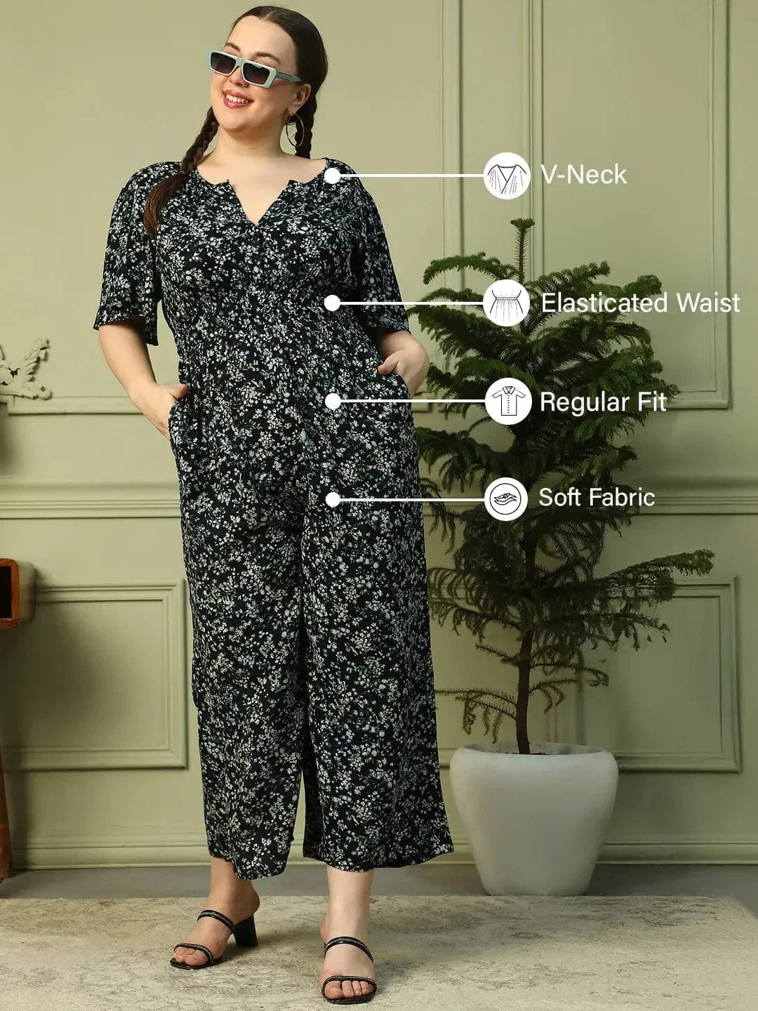 Multicolor Floral Print Short Sleeve Elasticated Plus Size Women Jumpsuit - oxolloxo