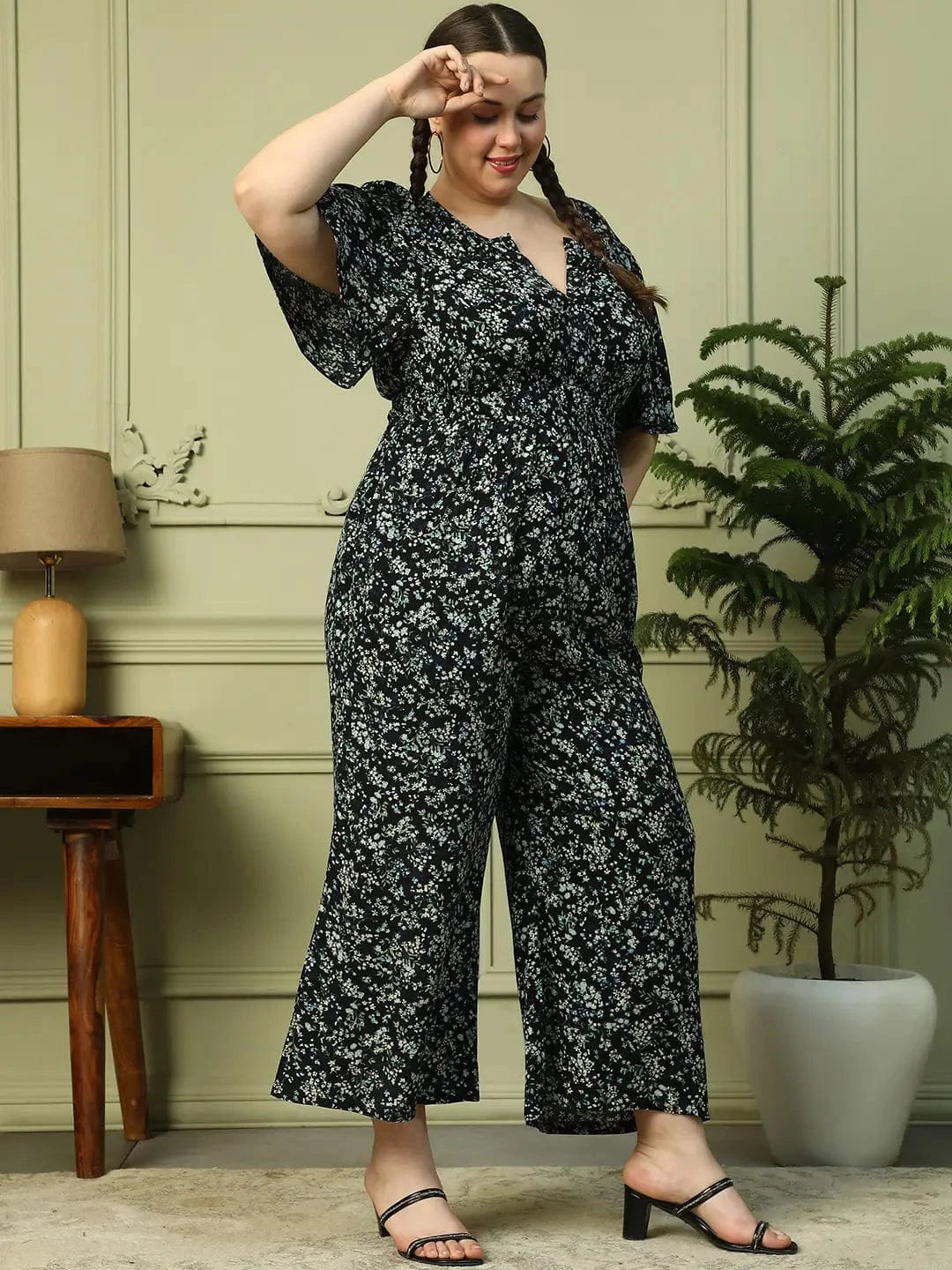Multicolor Floral Print Short Sleeve Elasticated Plus Size Women Jumpsuit
