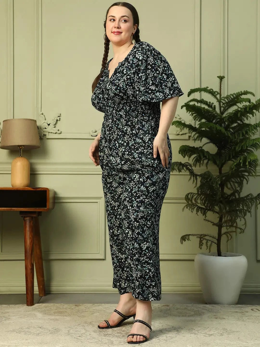 Multicolor Floral Print Short Sleeve Elasticated Plus Size Women Jumpsuit