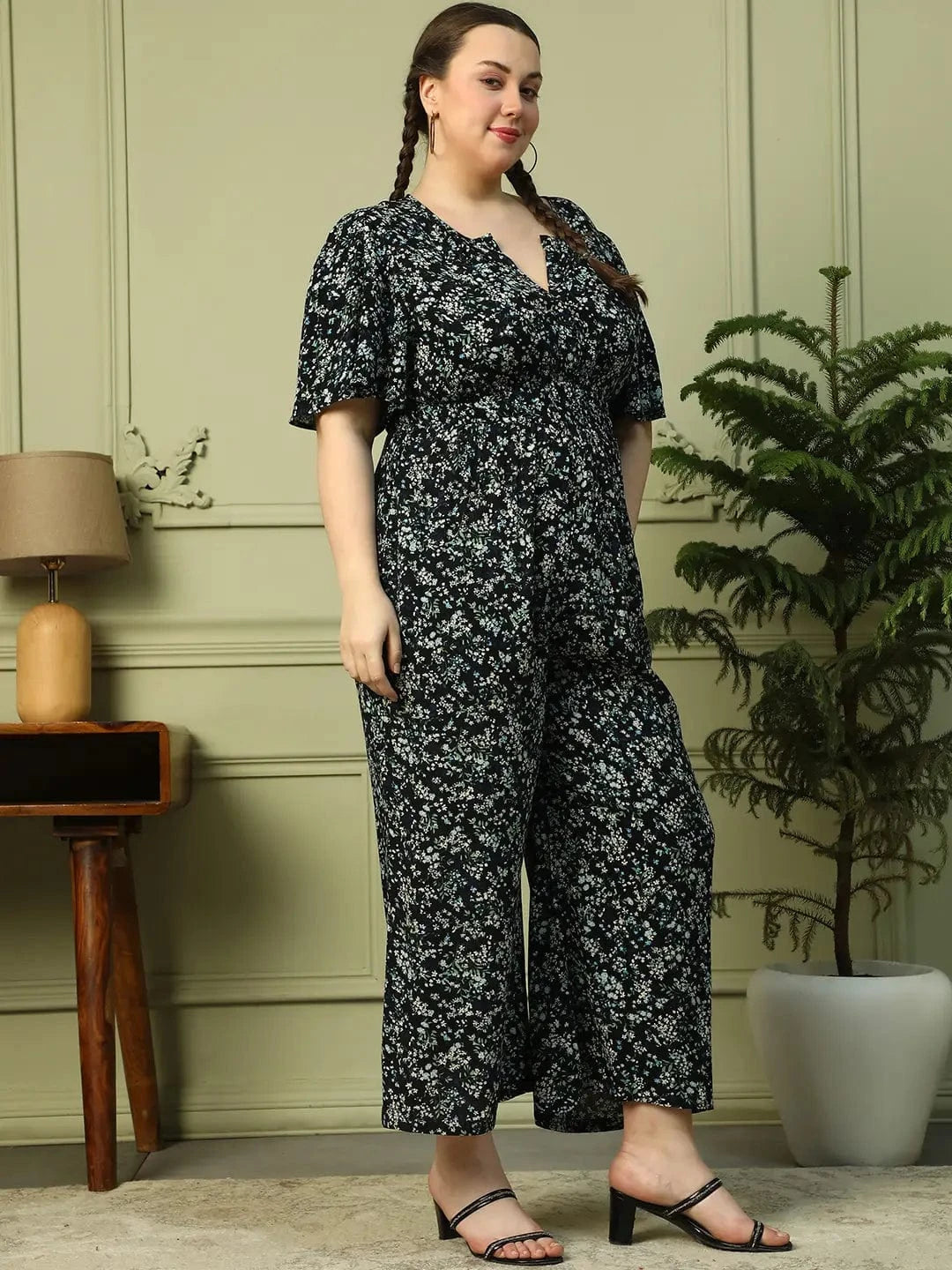 Multicolor Floral Print Short Sleeve Elasticated Plus Size Women Jumpsuit