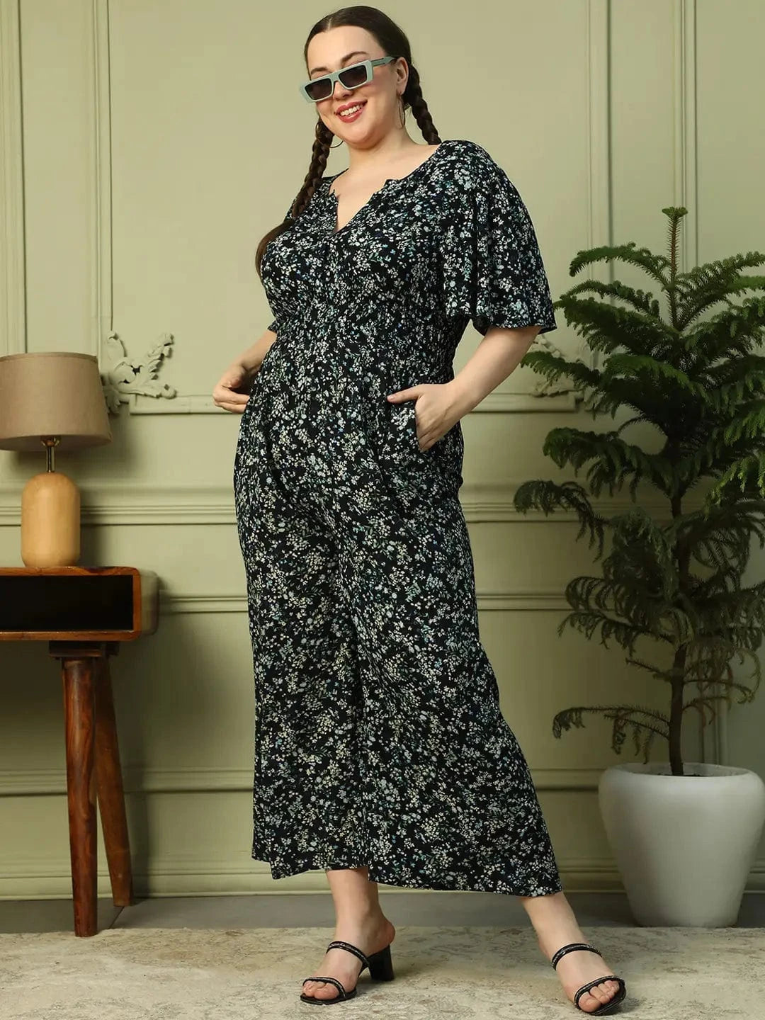 Multicolor Floral Print Short Sleeve Elasticated Plus Size Women Jumpsuit