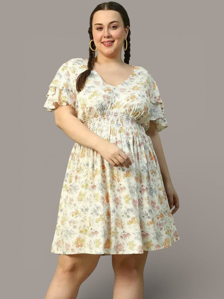 Exquisite White Floral Print  Short Sleeve Elasticated Smocking Plus Size Women Dress