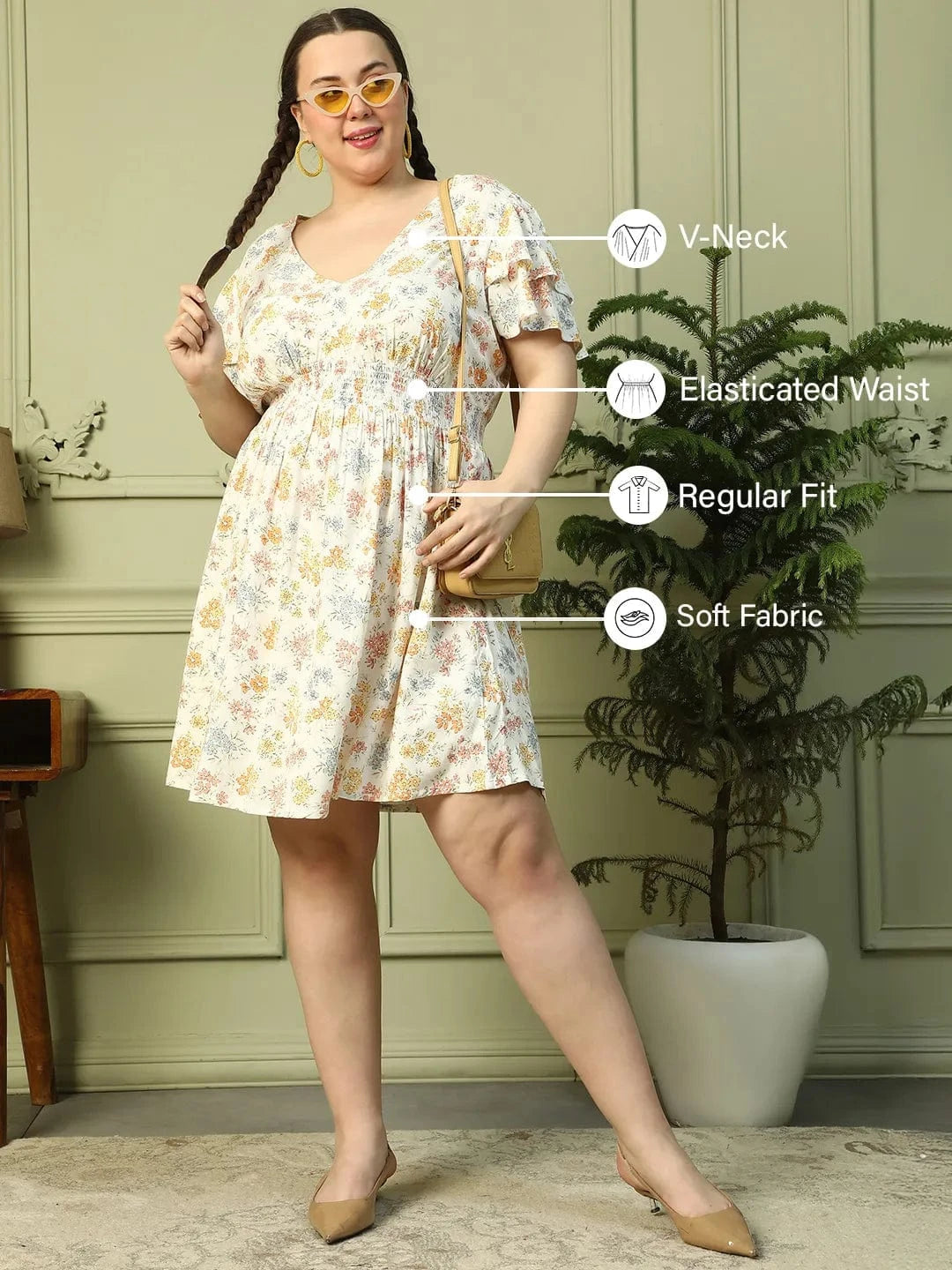 Exquisite White Floral Print  Short Sleeve Elasticated Smocking Plus Size Women Dress