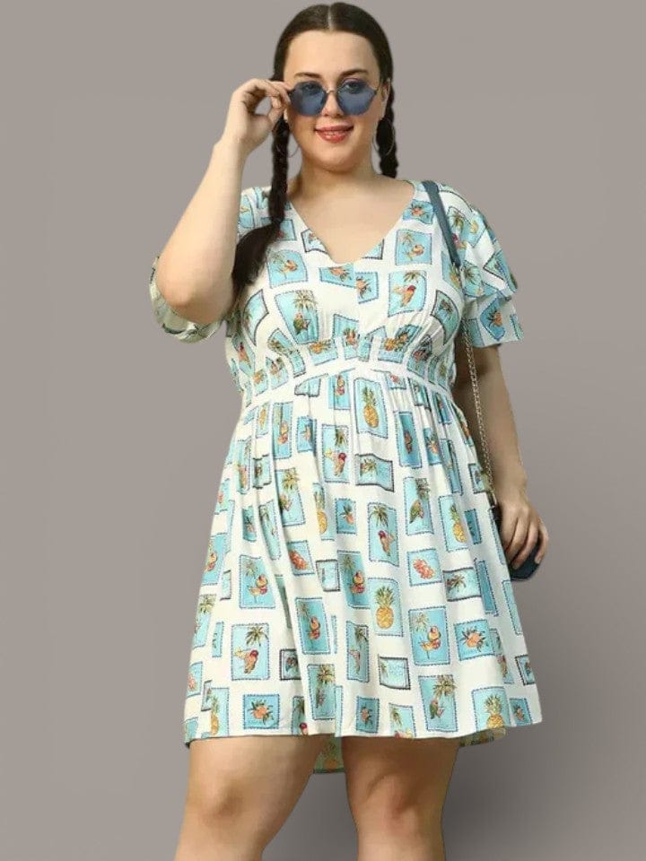 Exquisite Blue Multi Print Short Sleeve Elasticated Smocking Plus Size Women Dress
