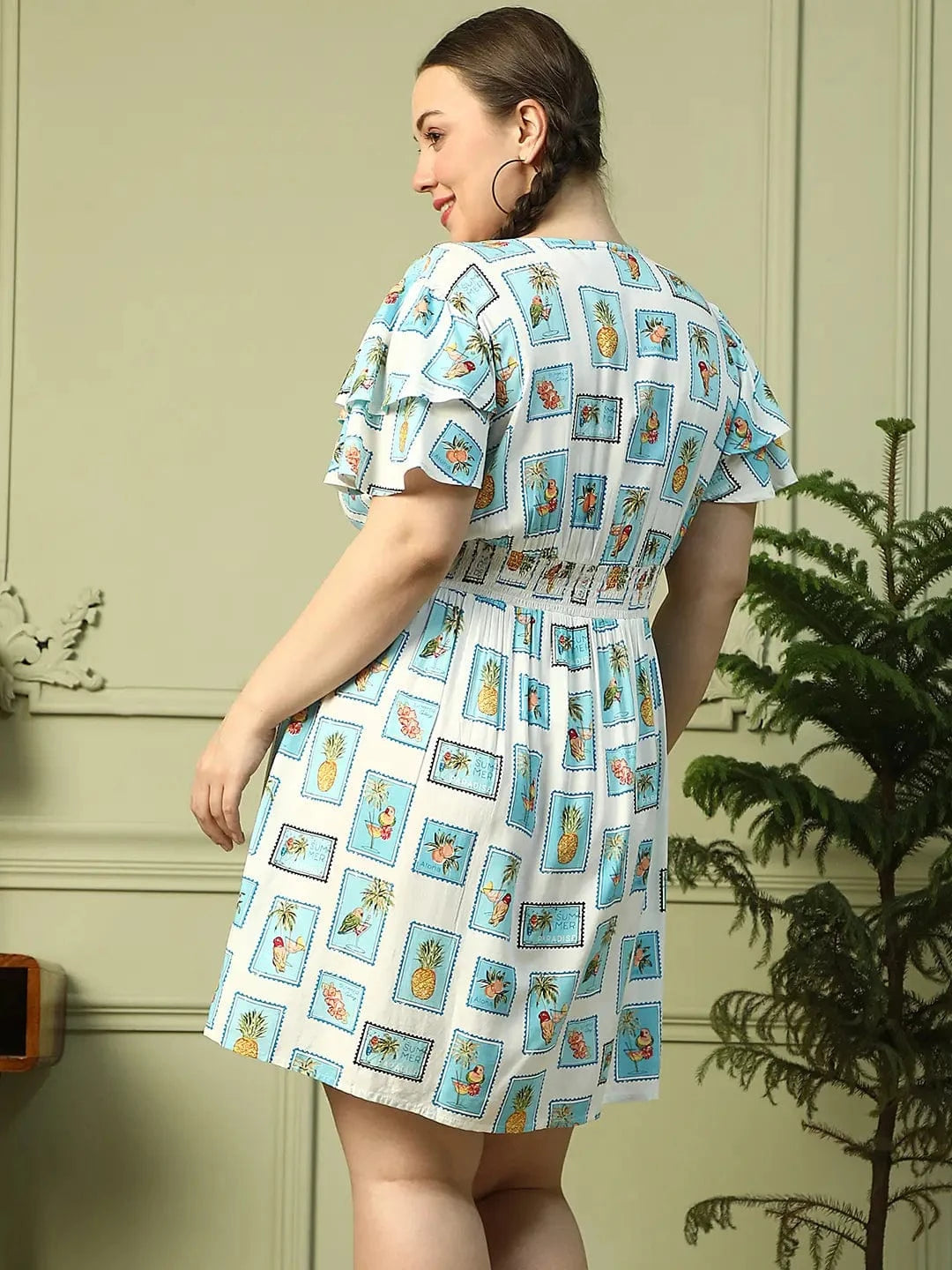 Exquisite Blue Multi Print Short Sleeve Elasticated Smocking Plus Size Women Dress