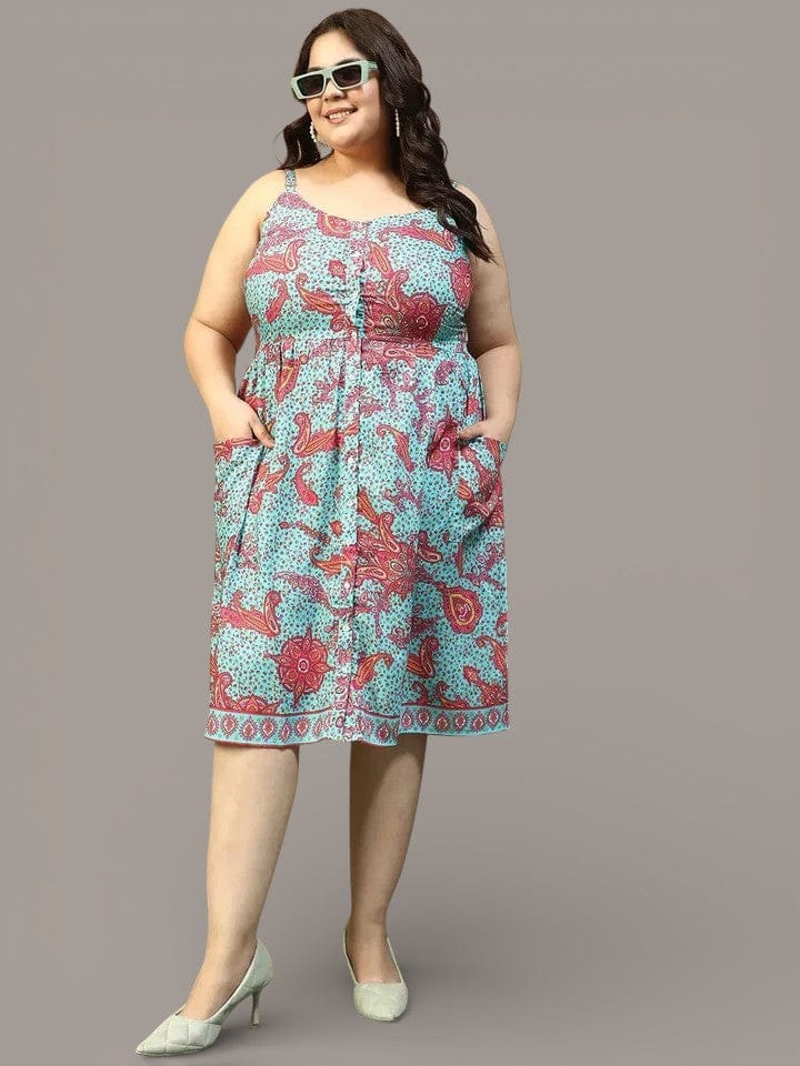 Sage Green Floral Print Button Down Sleeveless Plus Size Women Dress