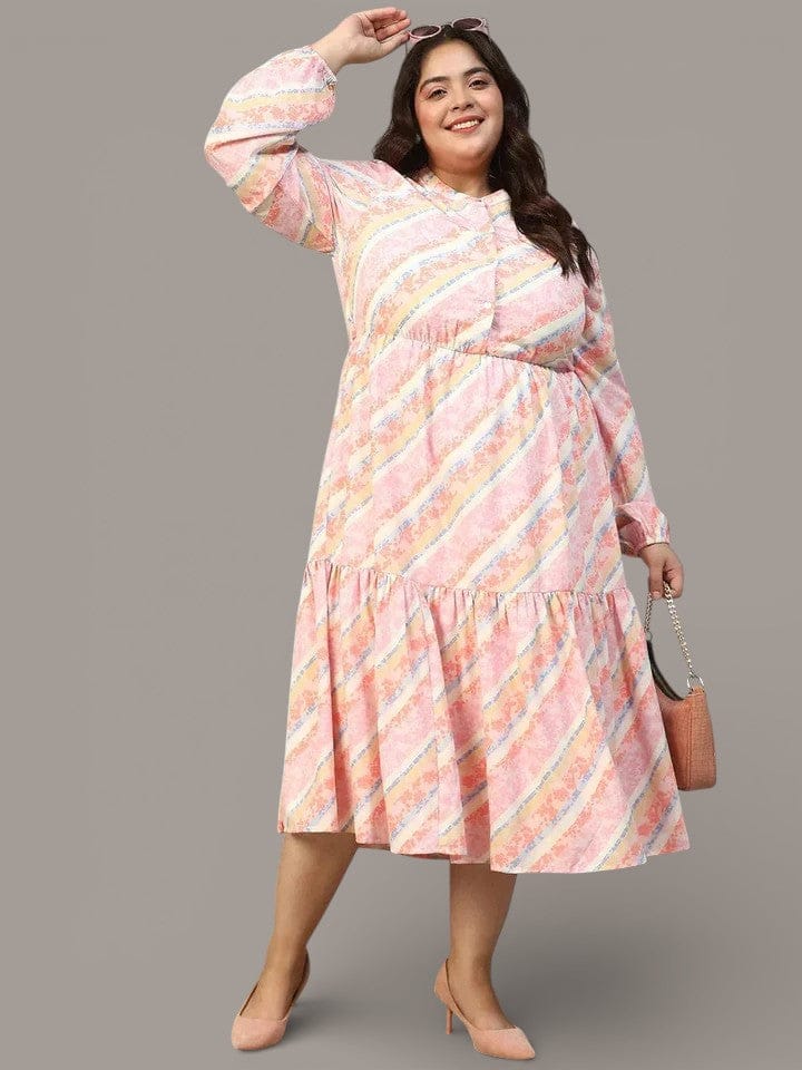 Plus Size Pink Georgette Stripe Print Dress