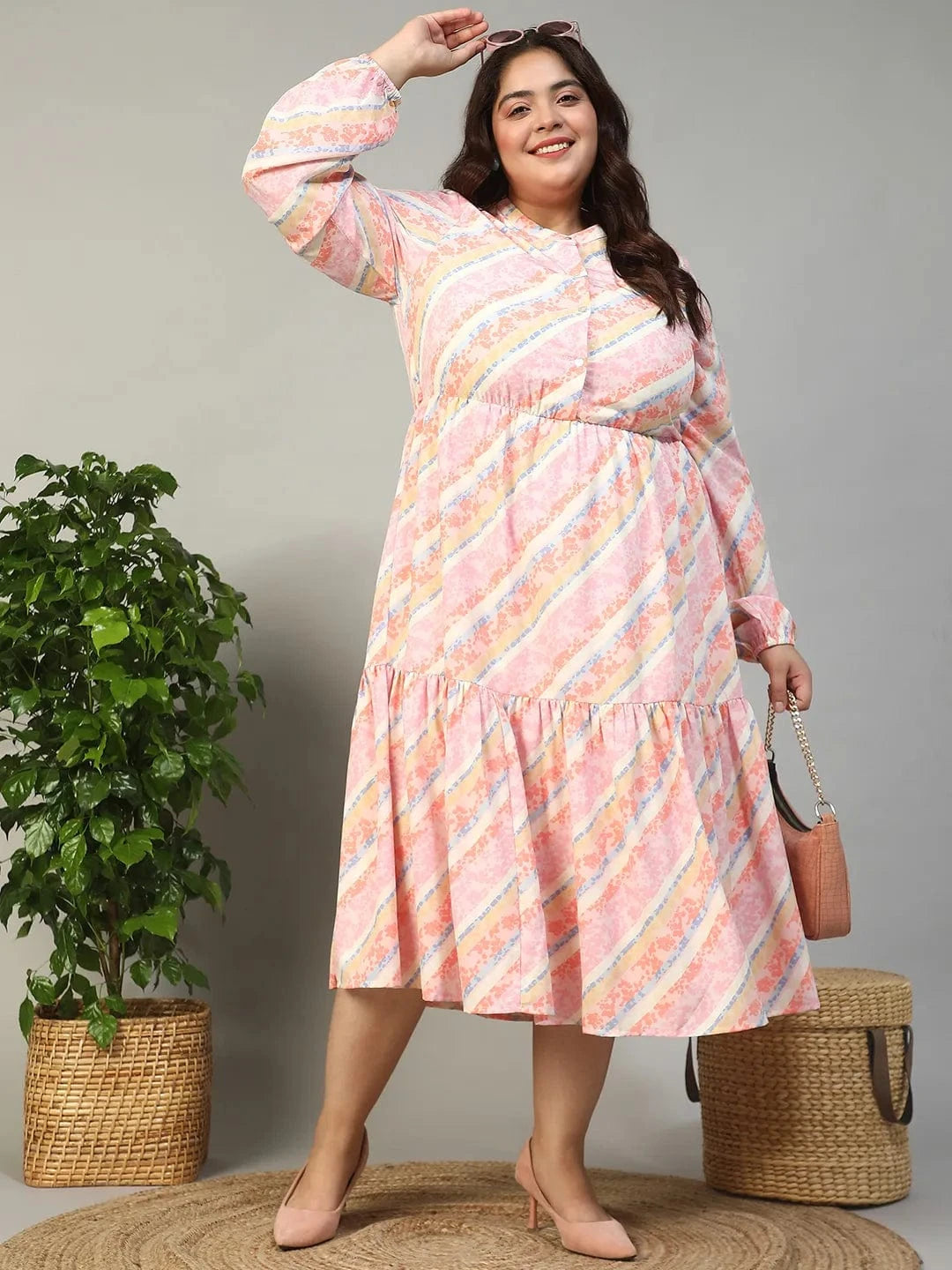 Slayer Pink Georgette Stripe Print With Button Front And Long Sleeve Elasticated Plus Size Dress