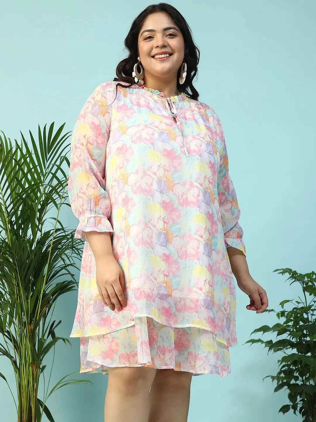 Multicolor Floral Print Smocking Detail Long Sleeve Knee Length Plus Size Dress