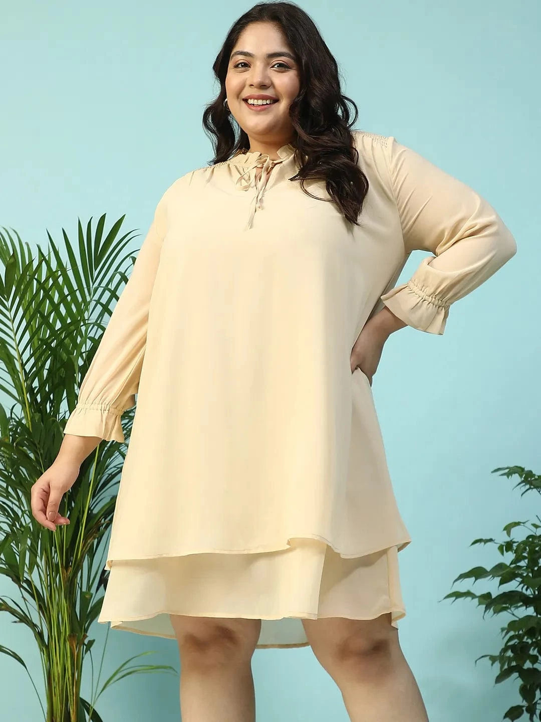 Max Beige Smocking Detail Long Sleeve Knee Length Plus Size Dress