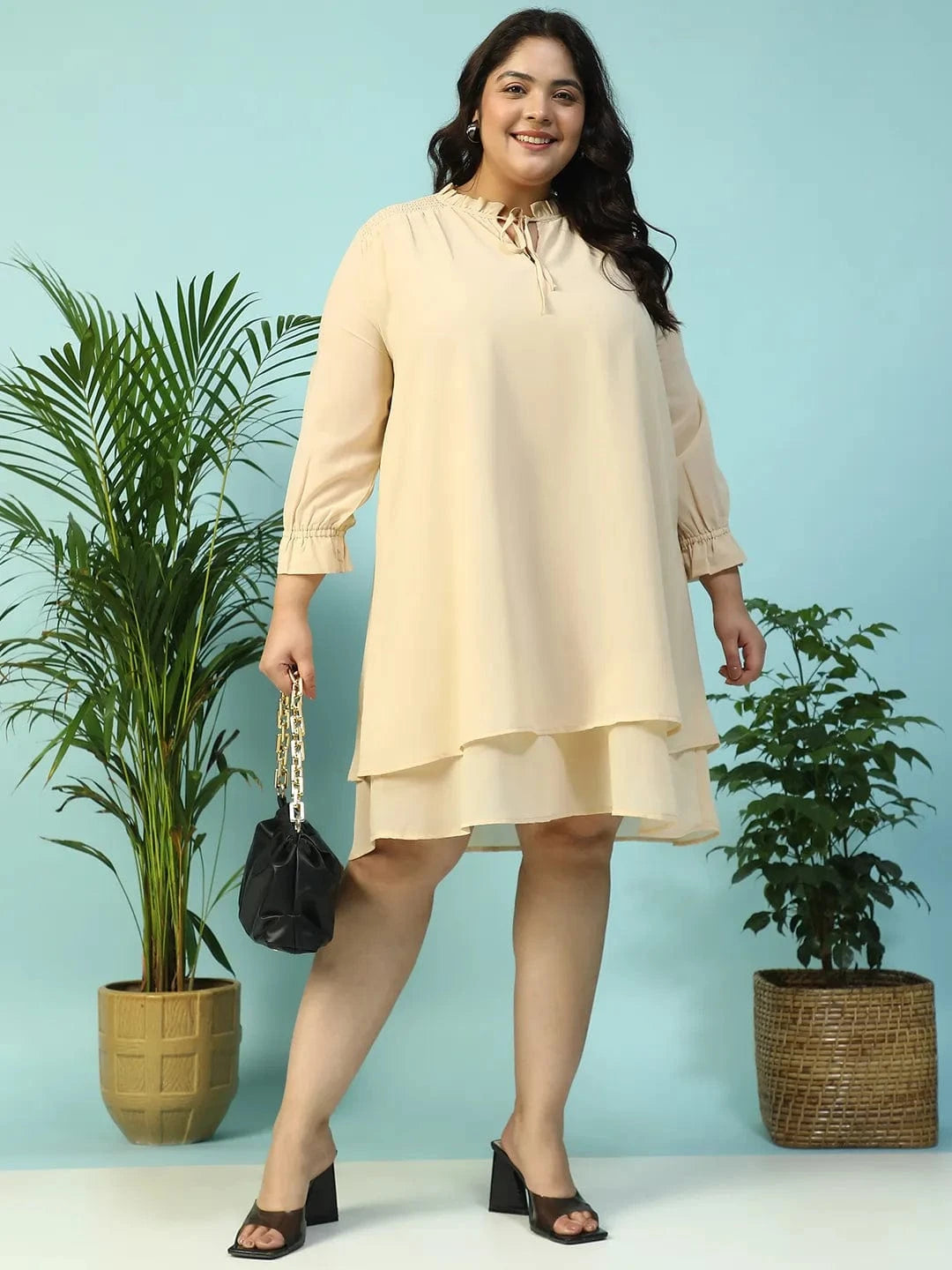 Max Beige Smocking Detail Long Sleeve Knee Length Plus Size Dress