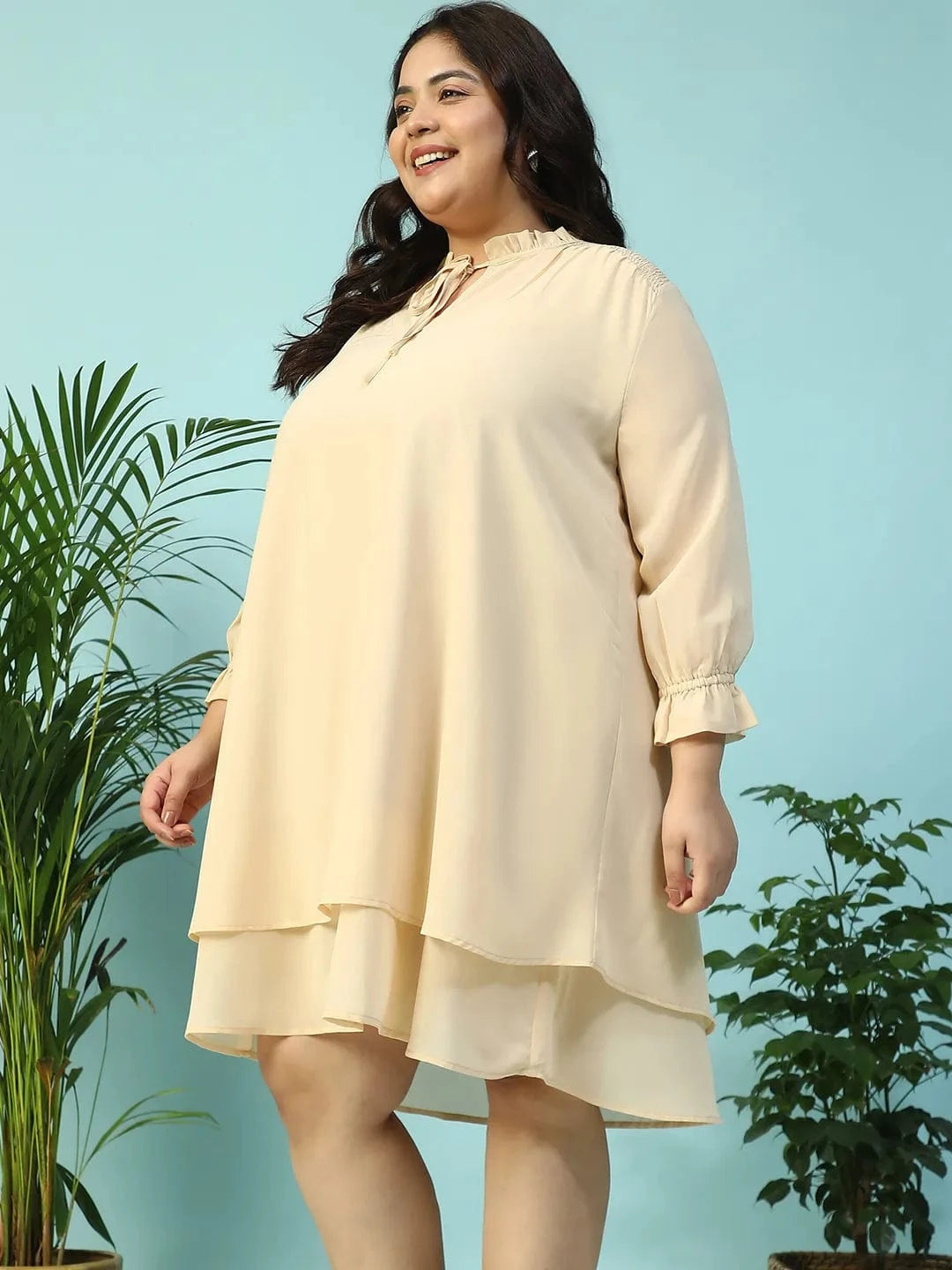 Max Beige Smocking Detail Long Sleeve Knee Length Plus Size Dress