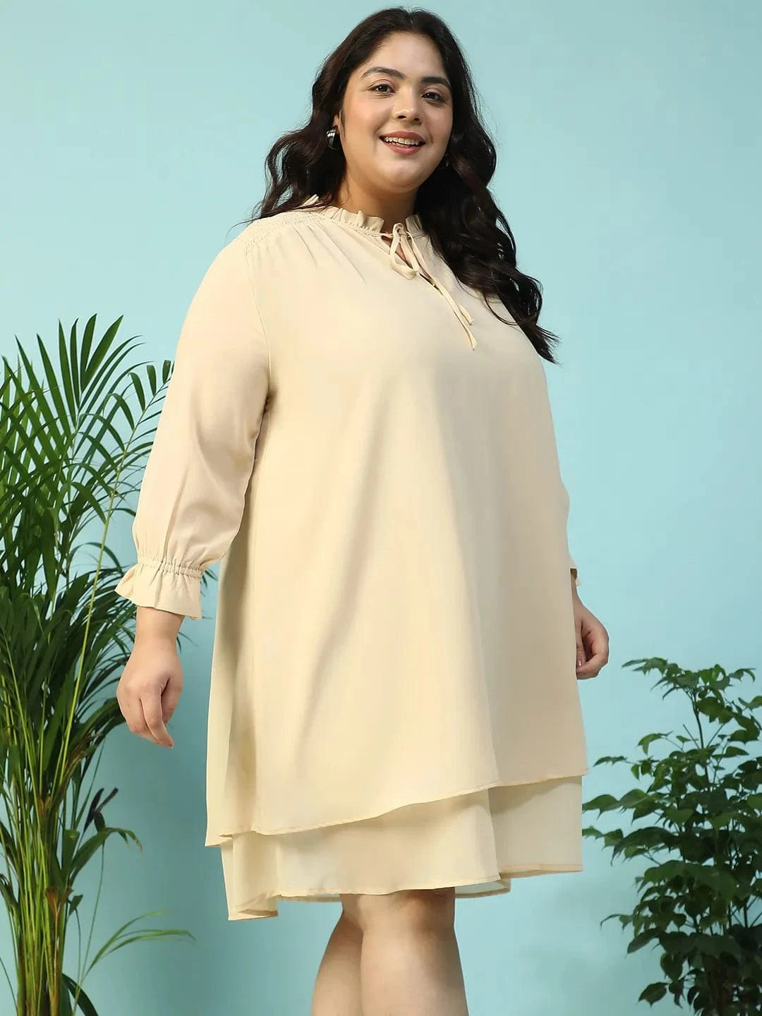 Max Beige Smocking Detail Long Sleeve Knee Length Plus Size Dress