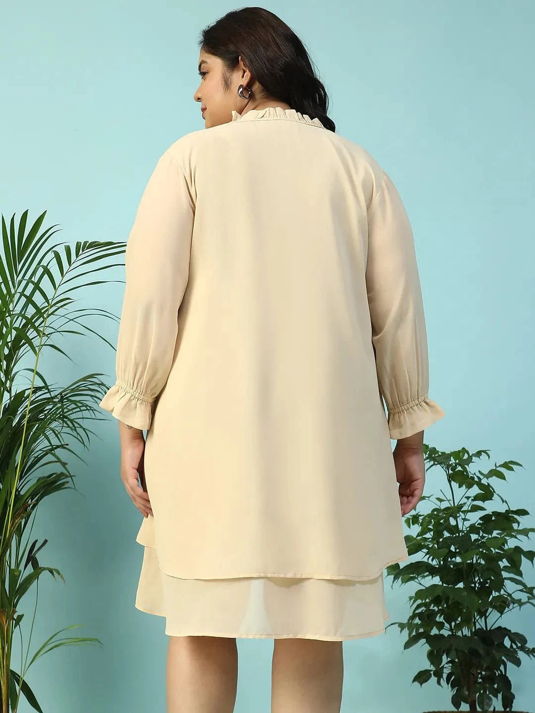 Max Beige Smocking Detail Long Sleeve Knee Length Plus Size Dress