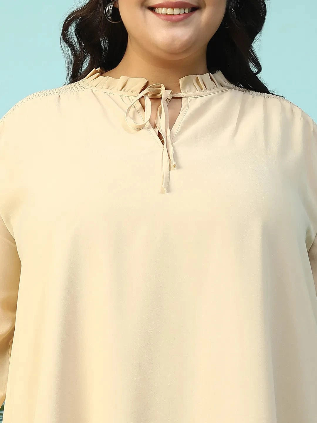 Max Beige Smocking Detail Long Sleeve Knee Length Plus Size Dress