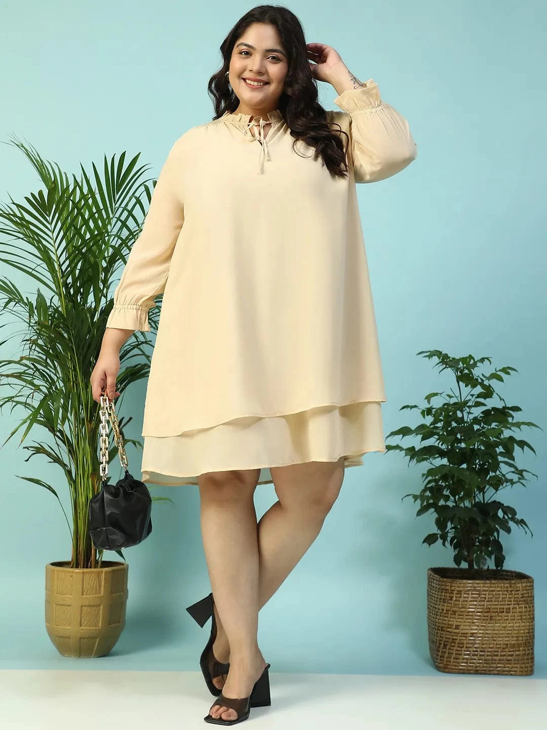 Max Beige Smocking Detail Long Sleeve Knee Length Plus Size Dress