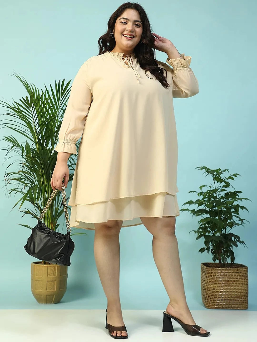 Max Beige Smocking Detail Long Sleeve Knee Length Plus Size Dress