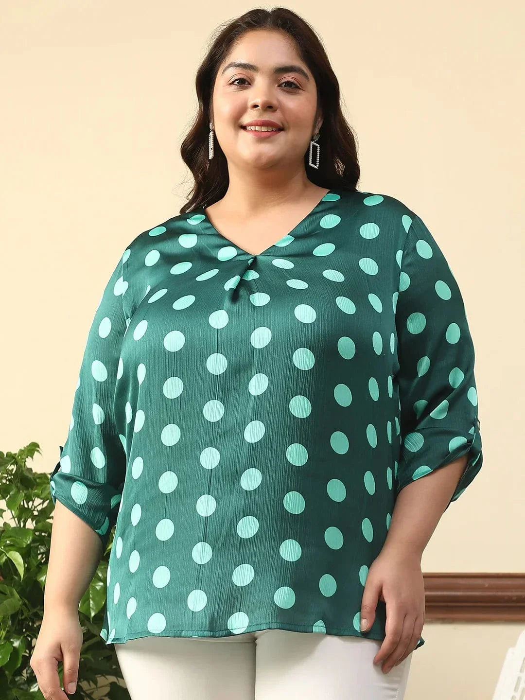Creative Green Satin Chiffon Polka Dot Print Plus Size Women Top With Long Sleeves And Pleated Detailing. - oxolloxo