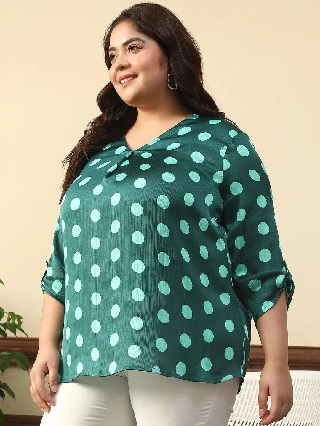 Creative Green Satin Chiffon Polka Dot Print Plus Size Women Top With Long Sleeves And Pleated Detailing. - oxolloxo