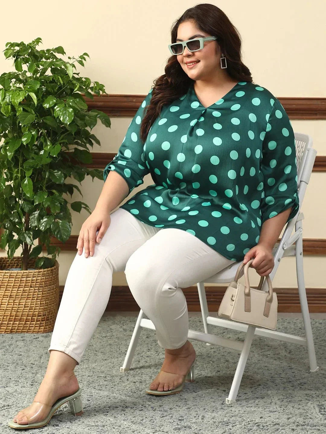 Creative Green Satin Chiffon Polka Dot Print Plus Size Women Top With Long Sleeves And Pleated Detailing. - oxolloxo