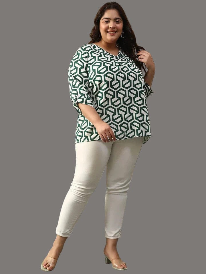Plus Size Women Top - Green Abstract Print With Pleated Sleeve Detail & Roll-Up Style