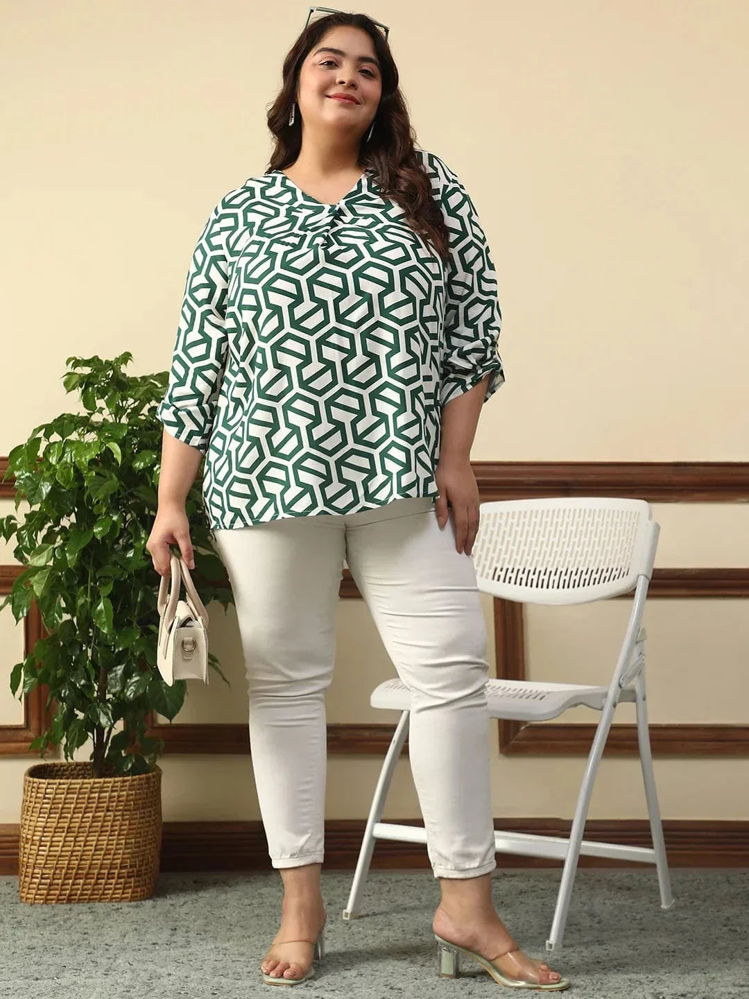 Poise Green Abstract Rayon Print Plus Size Women Top With Long Sleeves And Pleated Detailing. - oxolloxo