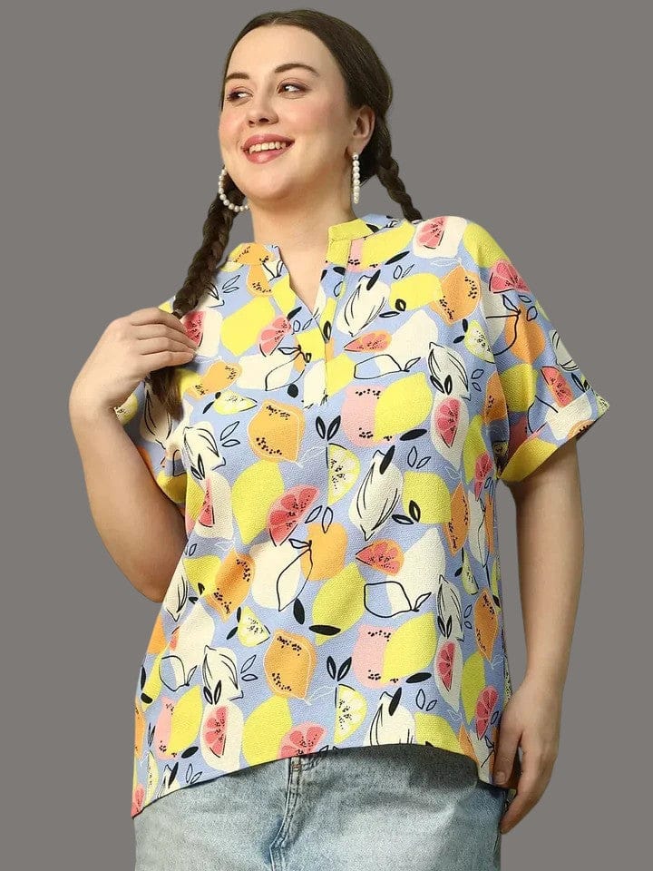 Plus Size Women Top - Multicolor Fruit Print Short Sleeve Casual Summer Shirt