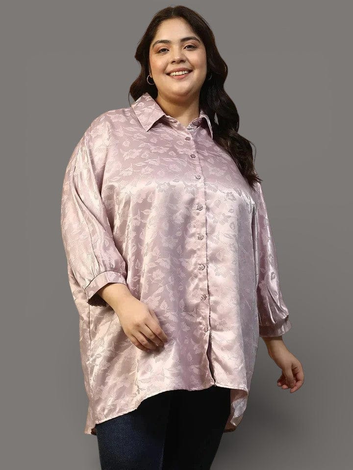 Lilac Floral Print Short Sleeve Collared Button Down Plus Size Oversized Shirt