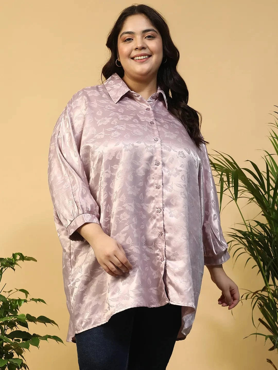 Lilac Floral Print Short Sleeve Collared Button Down Plus Size Oversized Shirt