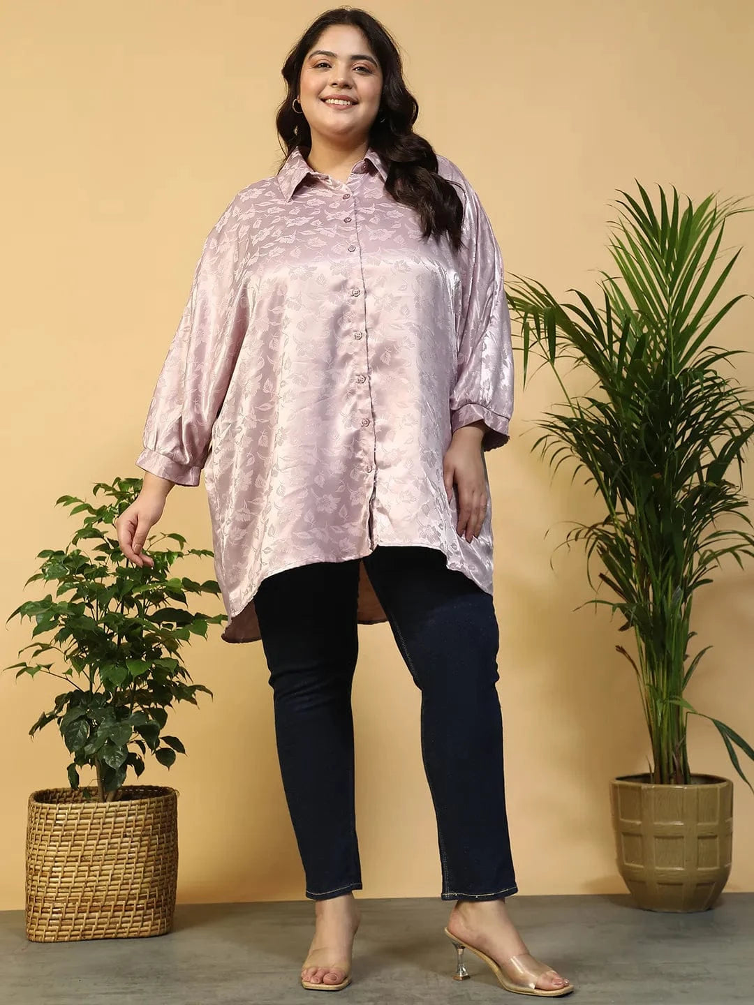 Lilac Floral Print Short Sleeve Collared Button Down Plus Size Oversized Shirt